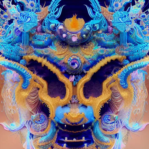 Image similar to 3 d goddess fractal close - up frontal portrait with ram golden skull. beautiful intricately detailed japanese fractal kitsune mask and clasical japanese kimono. betta fish, jellyfish fractal, bio luminescent, plasma, ice, water, wind, creature, mandelbulb, fractal, artwork by tooth wu and wlop and beeple and greg rutkowski