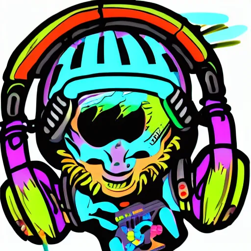 Image similar to svg sticker of a Pop-Wonder Alien-Bog-Monster-Swamp-Rat-Thunder-Coot-Racing-Fan at a rave, spinning records, giant headphones rocking out, wearing headphones, huge speakers, dancing, rave, DJ, spinning records, digital art, amazing composition, rule-of-thirds, award-winning, trending on artstation, featured on deviantart