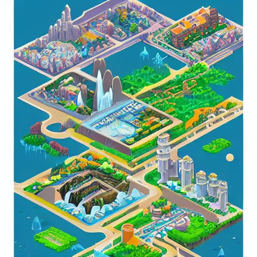 Prompt: isometric fantasy art of a giant waterfall city with tall skybridges and turrets, bold colors, detailed, by studio ghibli