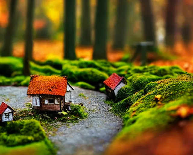 Image similar to dream a miniature village in a forest, tilt - shift, moss, autumn, warm colors, photography, depth of field