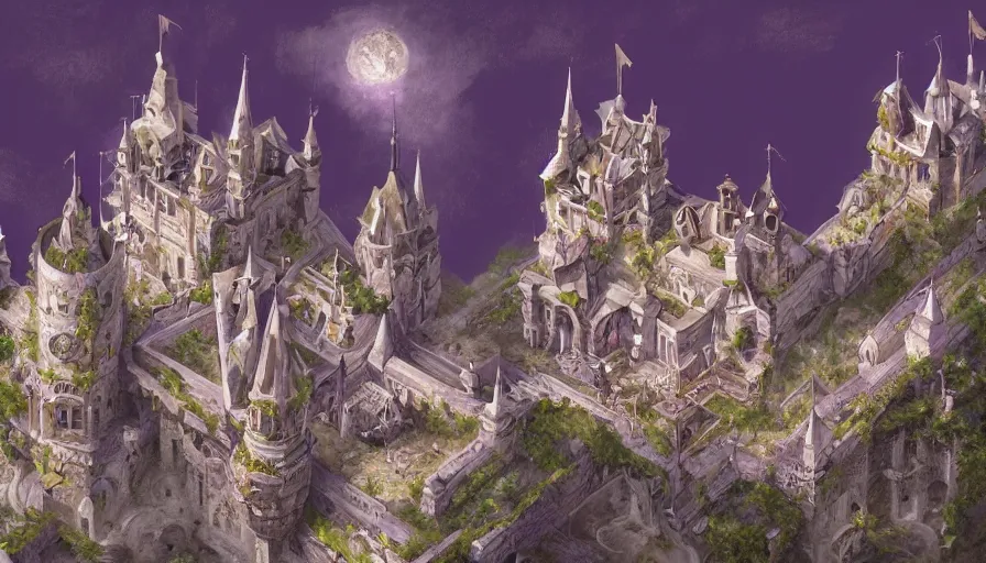 Image similar to digital painting of a white and purple castle with gold cross on top built on a wonderful medieval village, hyperdetailed, artstation, cgsociety, 8 k