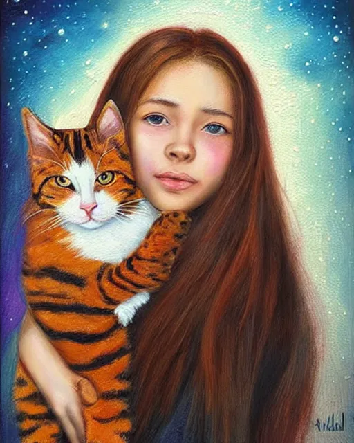 Prompt: a woman with freckled hair holding a cat, a photorealistic painting by Lilia Alvarado, pinterest, art photography, complementary colors, enchanting, lovely