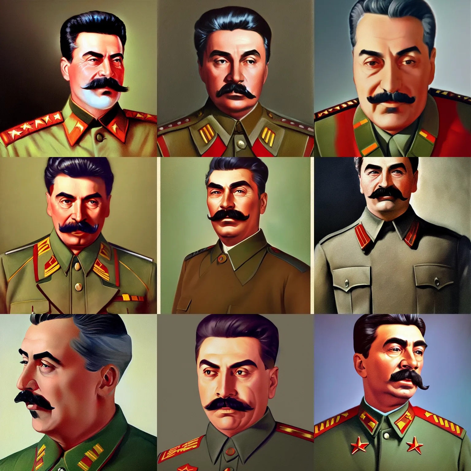 Prompt: Joseph Stalin from the Soviet Union, oil on canvas, trending on artstation, by J. C. Leyendecker and Ghibli, octane render