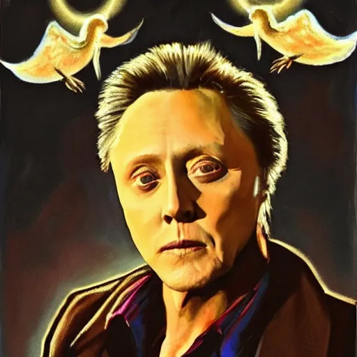 Image similar to Christopher Walken painted like a Saint with halo behind head, angels flying aound.