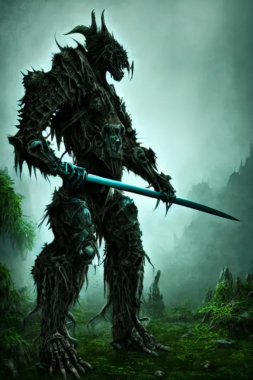 Image similar to post - gothic giant muscular humanoid chimera, exoskeleton armor, holding katana, dystopian ruins covered in vegetation, highly detailed smooth digital art masterpiece, vitaly bulgarov giger dramatic dark teal light, ground angle hd 8 k, sharp focus