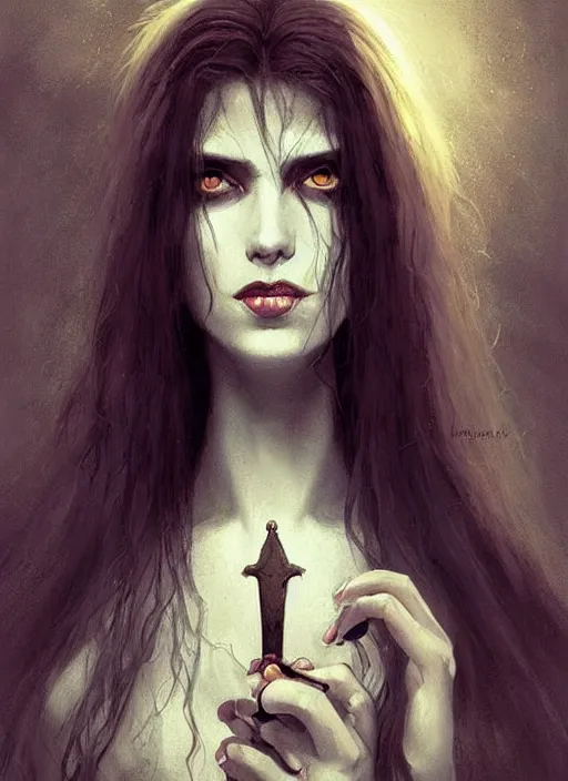 Image similar to tarot!!, pale, beautiful witch with long hair, fantasy medieval, no noise, elegant, concept art, sharp focus, beautiful face!!, digital art, smooth defined outlines!!, by Brom, trending on Artstation, Tom Bagshaw, Sargent