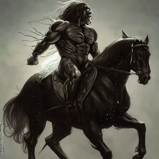 Image similar to splash art of a huge muscular black - coated anthropomorphic horse character with long white hair wearing tactical kevlar fabric, exaggerated muscle physique, highly detailed, furry, furaffinity, digital painting, artstation, sharp focus, illustration, art by artgerm, greg rutkowski, alphonse mucha