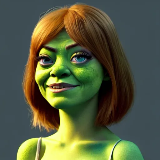 Prompt: Emma Stone as a female version of Shrek, she has shrek nose, ears features, with green skin, fully detailed, high quality , 4k , octane render , soft lightening , masterpiece