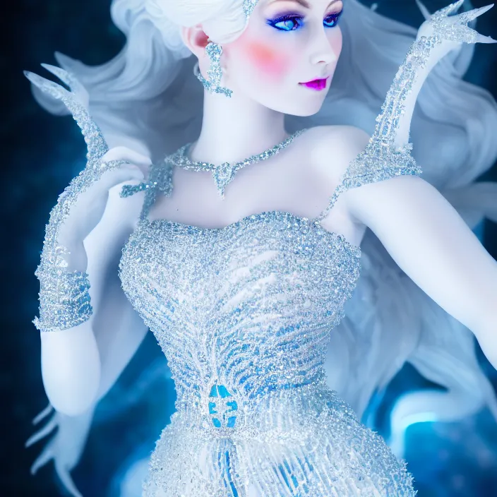 Image similar to photograph of a real-life beautiful ice queen with ornate white dress. Extremely detailed. 8k