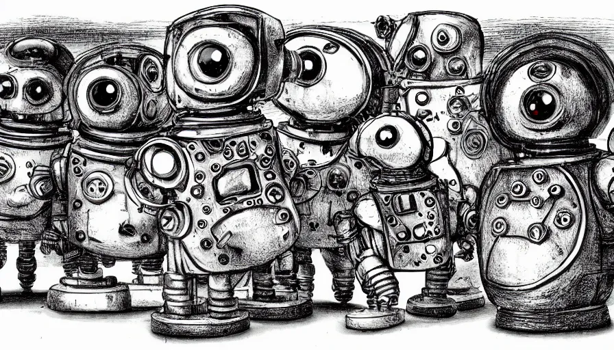 Prompt: cute steampunk robots with souls and large eyes smiling and waving, isolated on white background, drawn by leonardo da vinci with black ink and stippled pen, 3D occlusion