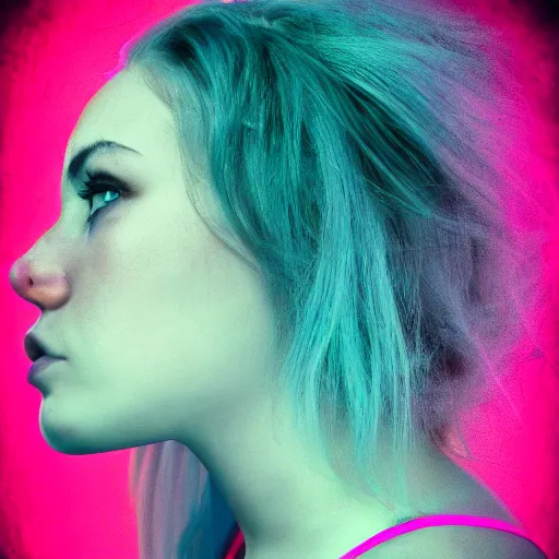 Image similar to a photo of a beautiful woman. moody and melanchony. with a bit of cyan and pink.