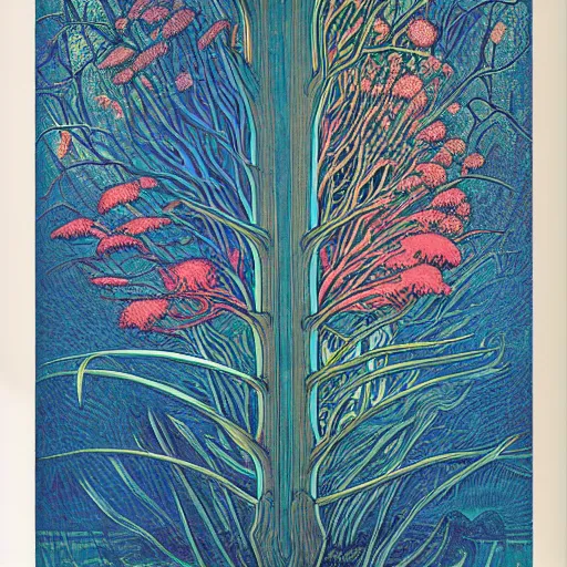 Image similar to a dark forest, colored woodcut, poster art, by Mackintosh, art noveau, by Ernst Haeckel, bright pastel colors