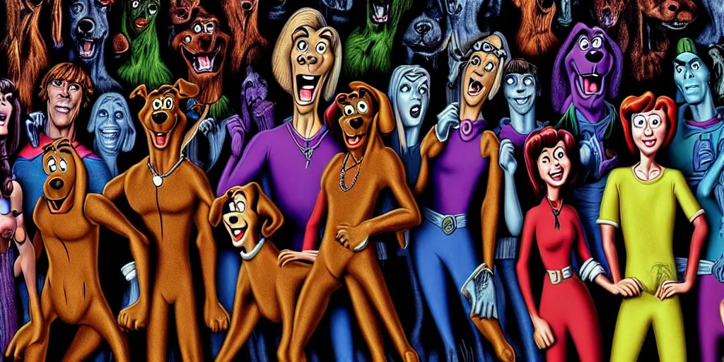 Prompt: scooby doo and the gang. detailed 8 k photograph by hans ruedi giger.