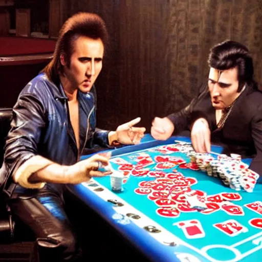 Image similar to nicolas cage as elvis presley playing the guitar over a poker table