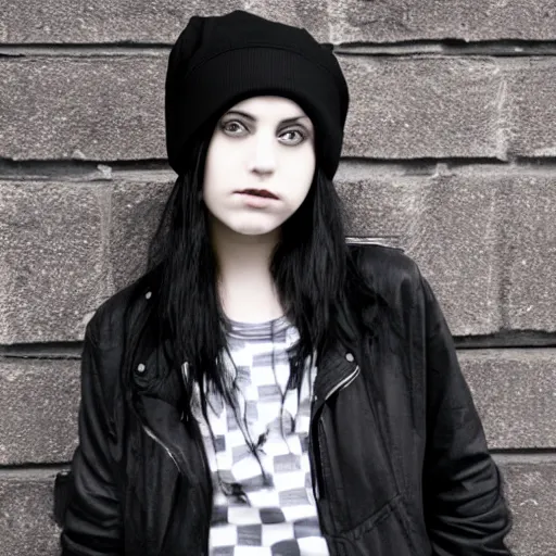 Image similar to an emo goth girl wearing a black beanie hat, British street background, black hair, 2006