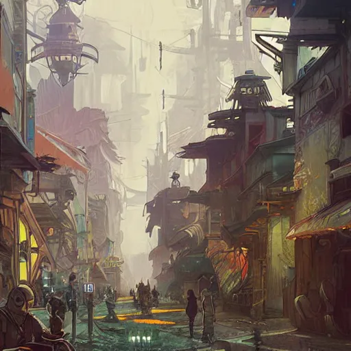 Prompt: Tlingit Maori solarpunk post-apocalyptic city street scene by Greg Rutkowski, Alphonse Mucha, Anato Finnstark, and Studio Ghibli