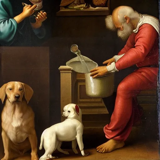 Prompt: renaissance painting of a dog drinking water