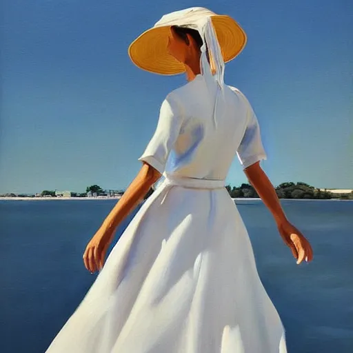 Image similar to a painting of a woman in a white dress, a photorealistic painting by julio larraz, trending on cg society, figurative art, hyper realism, oil on canvas, detailed painting