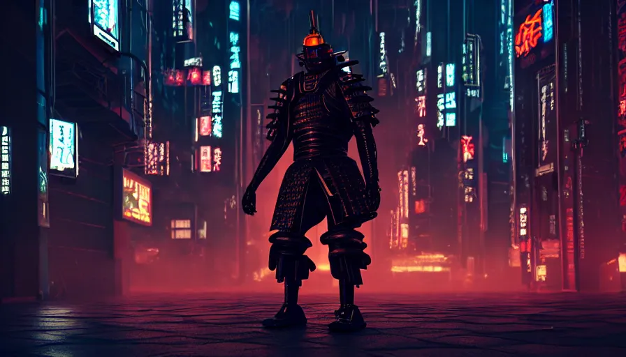 Image similar to movie still, a man in samurai armor in night city,, cyberpunk horror style, cyberpunk, cyberpunk futuristic neo, detailed and intricate environment, octane render, unreal engine, 4 k