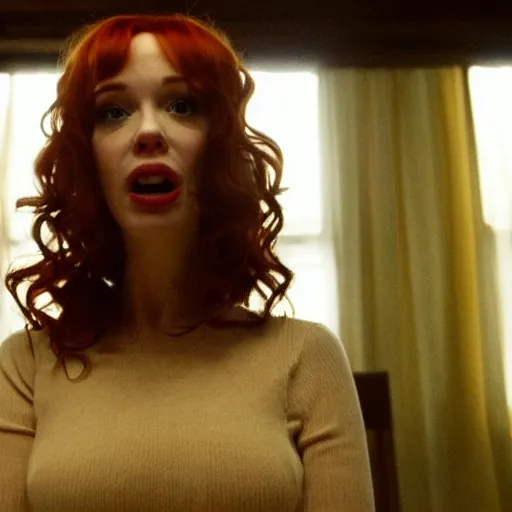 Prompt: amazing beautiful Christina Hendricks with mouth wide open in the living room, film still from the movie directed by Denis Villeneuve , wide lens