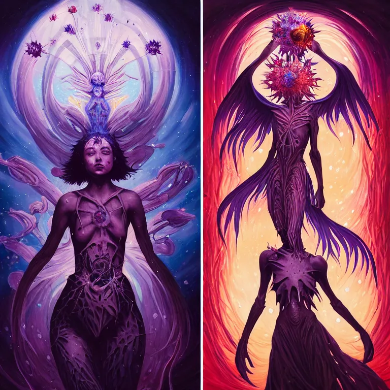 Image similar to non - ordinary girl of # magic the gathering, stars of spirit, by peter rohrabacher annatto finnstark | flowers of purity, future heaven plants by leiko ikemura, and ilya kuvshinov | sparkling atom fractules of skulls and mechs deep under the spine cords, by alex grey and hr giger