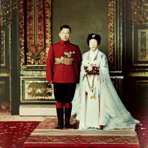 Image similar to a wide full shot, colored russian and japanese mix historical fantasy of a photograph taken of the royal empress and emperor exchanging vows, photographic portrait, warm lighting, 1 9 0 7 photo from the official wedding photographer for the royal wedding.