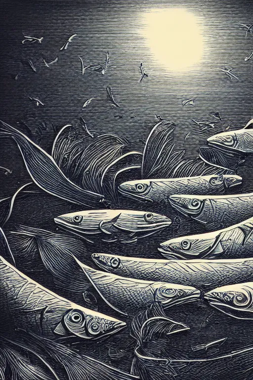 Image similar to a beautiful wood engraving on paper of a school of fish, 8 k, frostbite 3 engine, cryengine, dof, trending on artstation, digital art, crepuscular ray