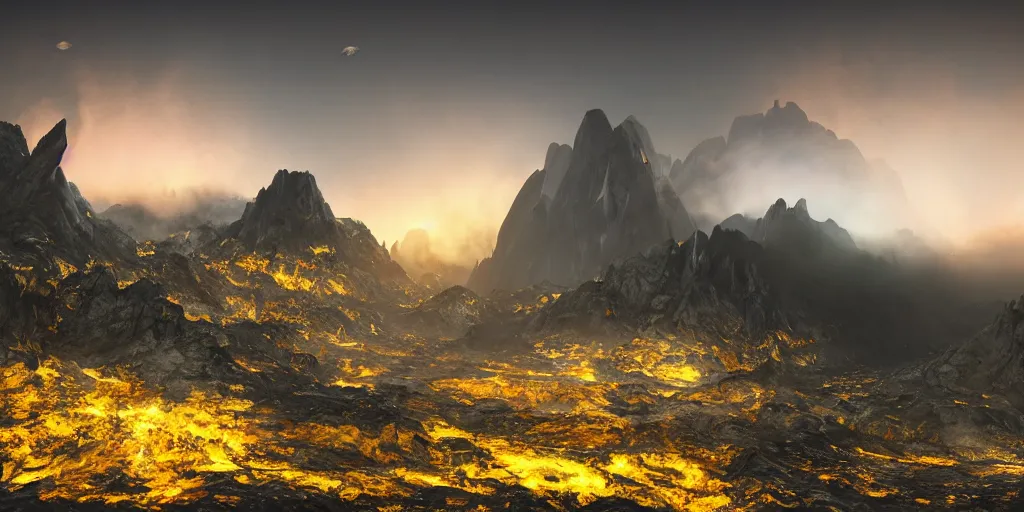 Image similar to a mountainous landscape full of active vulcanoes and a yellow fog and with a yellow cloudy sky, hyperrealistic, concept art, octane render, unreal engine 5, trending on deviantart, venus surface, path traced, no life, dramatic lighting, low contrast, trending on artstation, high quality, highly detailed, 8 k, cinematic, high coherence