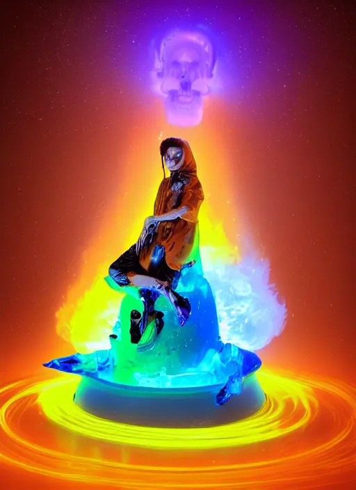 Image similar to photo of fullbodied baroque and bladerunner neon drippy tar sculpture of seductive ceramic albino ceramic prince anwar hadid dotado lavendar iridescent humanoid deity wearing orange plastic fluffy hoody holding diamond skull in a blue alien dungeon, reclining, glowing rainbow face, crown of white diamonds, cinematic lighting, photorealistic, octane render 8 k depth of field 3 d