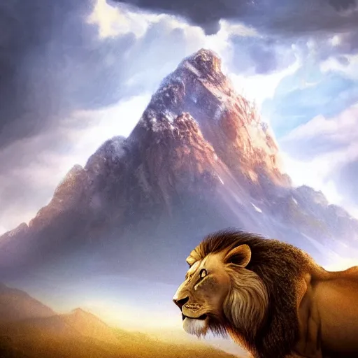 Prompt: a beautiful photo of lion roar on mountain, hyper realistic, natural light, concept art, cozy, atmospheric and cinematic lighting