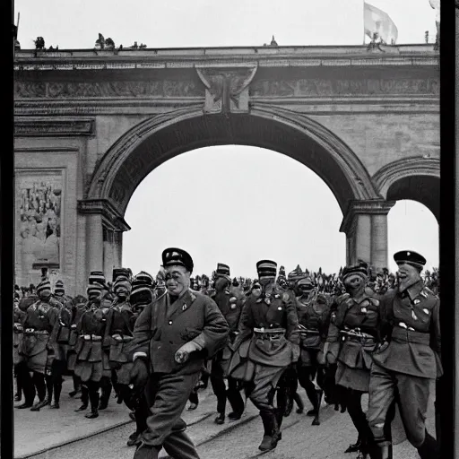 Prompt: black and white photograph of adolf hitler at the triumphal arch victorious after winning the 2 nd world war, while enslaved and chained blacks are seen through the streets under the watchful eye of nazi troops