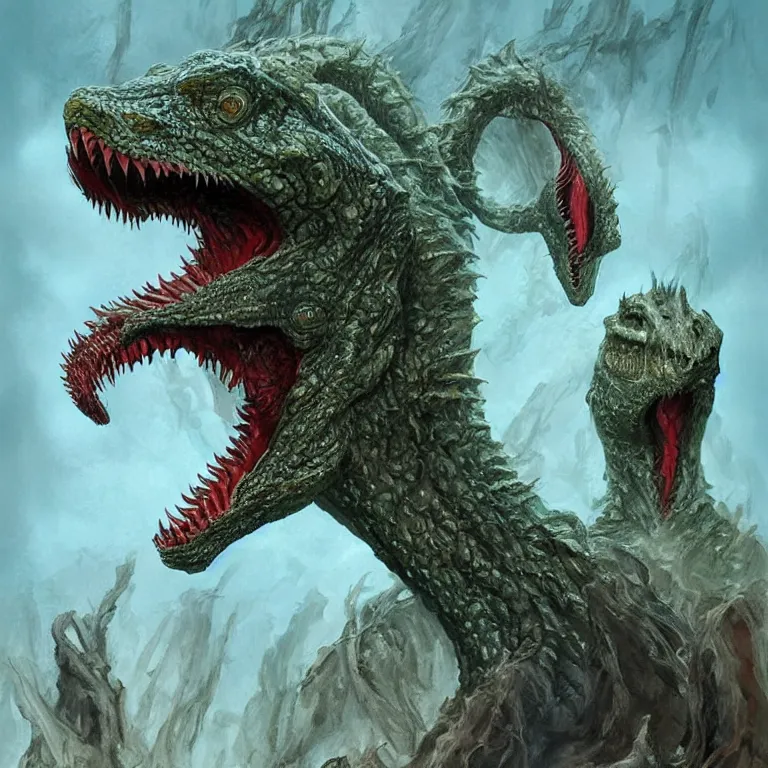 Image similar to two - headed hydra of lerna, jim carey as lloyd christmas beside jeff daniels as harry dunne ( from dumb and dumber ), serpentine water monster, d & d, fantasy, portrait, highly detailed, digital painting, trending on artstation, concept art, sharp focus, illustration, art by artgerm and greg rutkowski and magali villeneuve