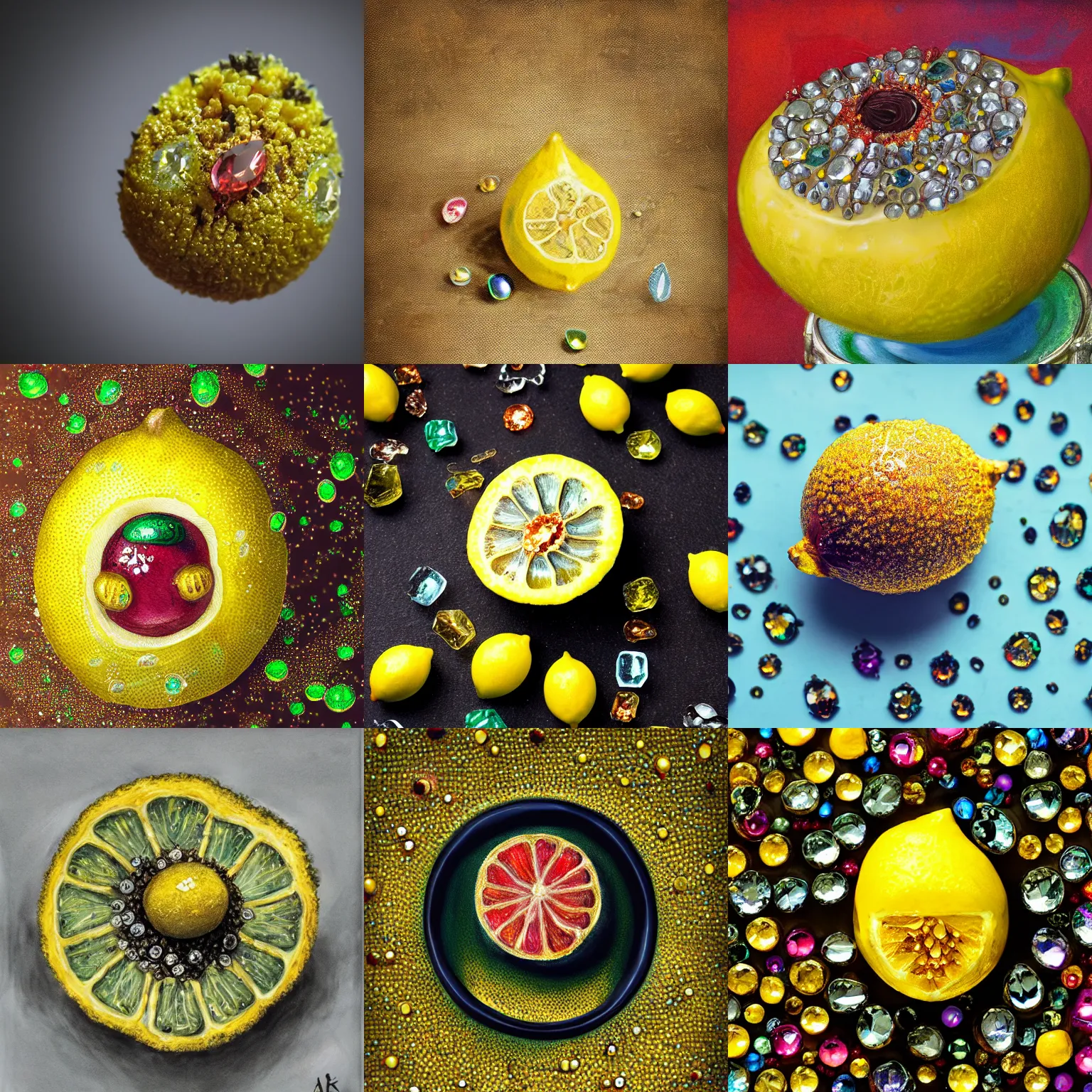 Prompt: a rotten lemon encrusted with jewels gemstones, trending on artstation, colorful, intricate, by kathleen ryan, photorealistic, dlsr, bokeh