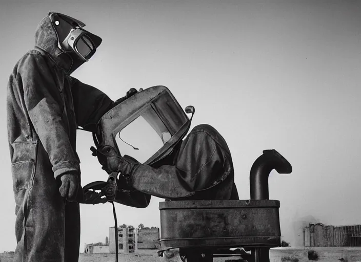 Prompt: welder in welding mask in an abandoned playground, by richard avedon, tri - x pan stock