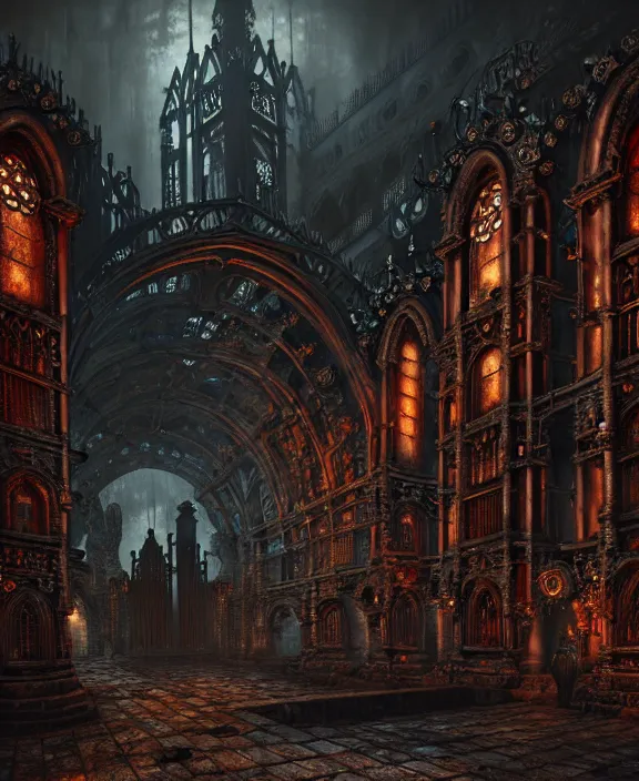 Image similar to steam necropolis, memento mori, gothic, neo - gothic, art nouveau, hyperdetailed copper patina medieval icon, stefan morrell, philippe druillet, ralph mcquarrie, concept art, steampunk, unreal engine, detailed intricate environment, octane render, moody atmospherics, volumetric lighting, ultrasharp, ominous, otherworldly