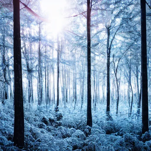 Image similar to professional photograph of a forest made of ice, high quality, cinematic lighting, hd, 4 k, 8 k