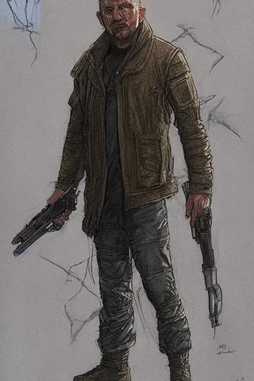 Image similar to vernon. Blade runner 2049 mercenary. concept art by James Gurney and Mœbius.