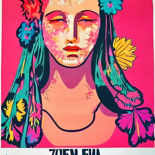 Image similar to 70s graphic design poster with a woman’s face, flower child, groovy, retro, hippie