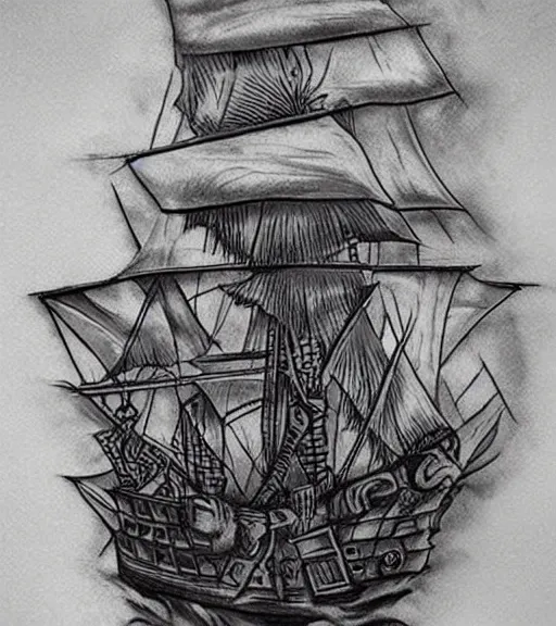 Image similar to a pirate ship, realism tattoo design, highly detailed tattoo, shaded tattoo, hyper realistic tattoo