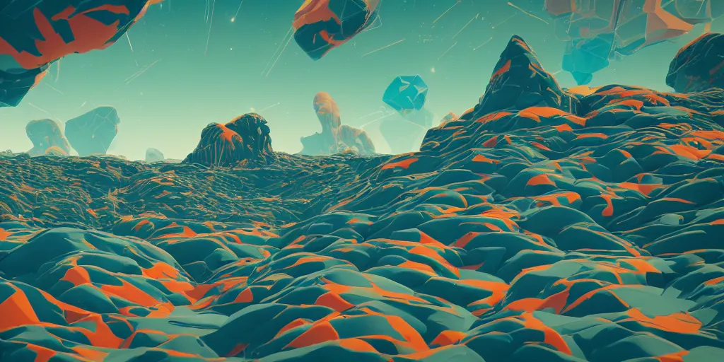 Image similar to abstract 3d painted landscape in the year 2020 by james jean painted in no mans sky style, redshift, octane