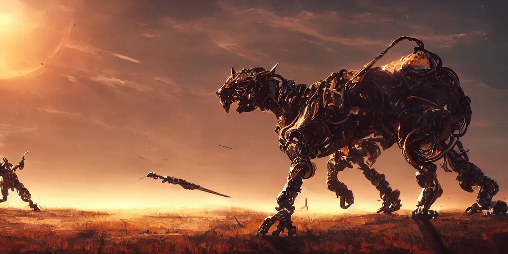 Prompt: robot liger, battlefield with scattered swords, two suns, artstation, cinematic