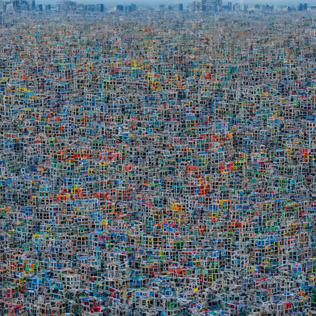 Image similar to a circular tower, made up of colourful makeshift squatter shacks in city downtown, dystopia, sony a 7 r 3, f 1 1, fully frontal view, ultra detailed, photographed by andreas gursky,