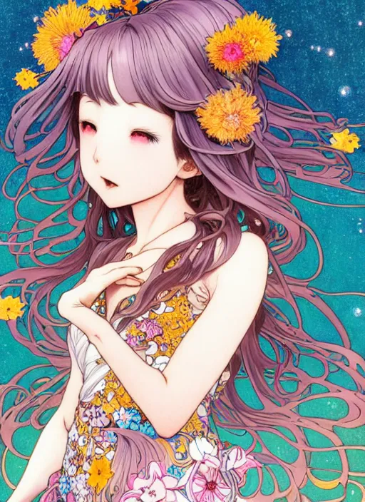 Prompt: exquisite imaginative manga poster art of a girl, long wavy hair, stars, flowers, rococo dress, shimmering, by kojima ayami, shigenori soejima, minaba hideo, alphonse mucha, jump comics, shogakukan, art nouveau, illustration, artstation, highly detailed, 8 k, colorful, maximalist