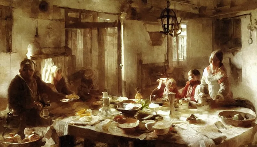 Image similar to simple villager family about to eat a meal together in their beautiful simple cottage home, art by anders zorn, wonderful masterpiece by greg rutkowski, beautiful cinematic light, american romanticism thomas lawrence, greg rutkowski