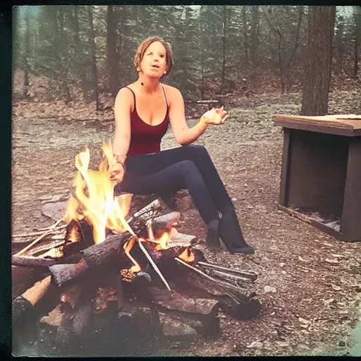 Image similar to polaroid shot of jennifer lawrence smoking at a campfire