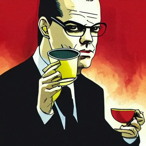 Image similar to agent smith holding a small steaming china cup of tea, romanticism style, detailed facial proportions