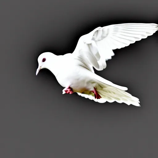 Prompt: a realistic photo of a white dove flying towards the camera, solid black background, high contrast, 8k, film grain, highly detailed, professional photography