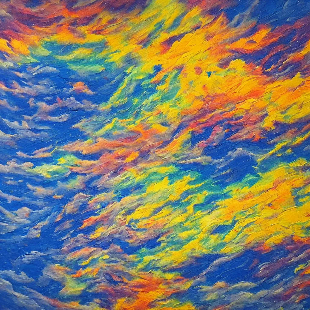 Prompt: large different coloured clouds painted in 2 inch thick!!! impasto shiny dripping oil paint