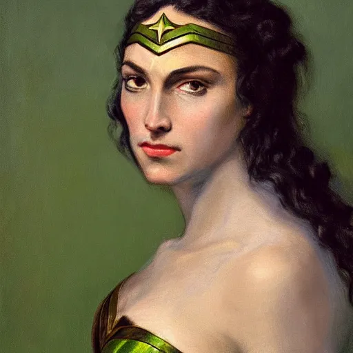 Prompt: highly detailed portrait of wonder woman with white hair and glowing green eyes, ultra realistic, 4 k, painted by gustave courbet,