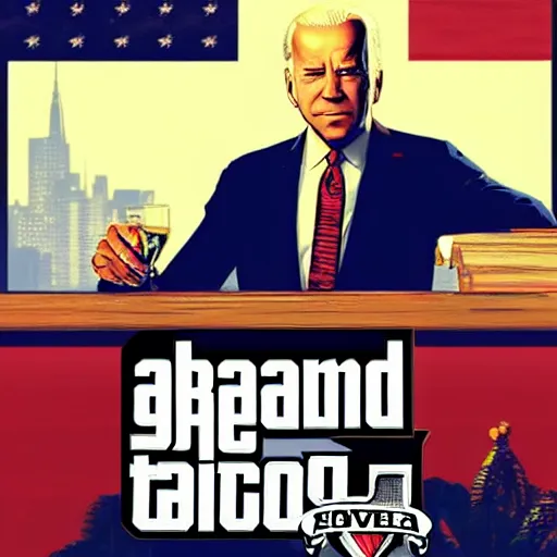 Prompt: “Joe Biden in GTA V, Cover art by Stephen Bliss, Boxart, loading screen”